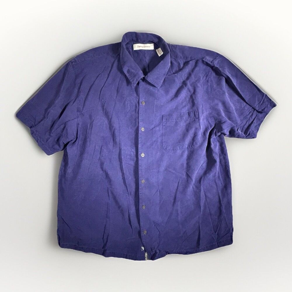 Tommy Bahama Silk Hawaiian Shirt Men XL Purple Tonal Tropical Palm Aloha